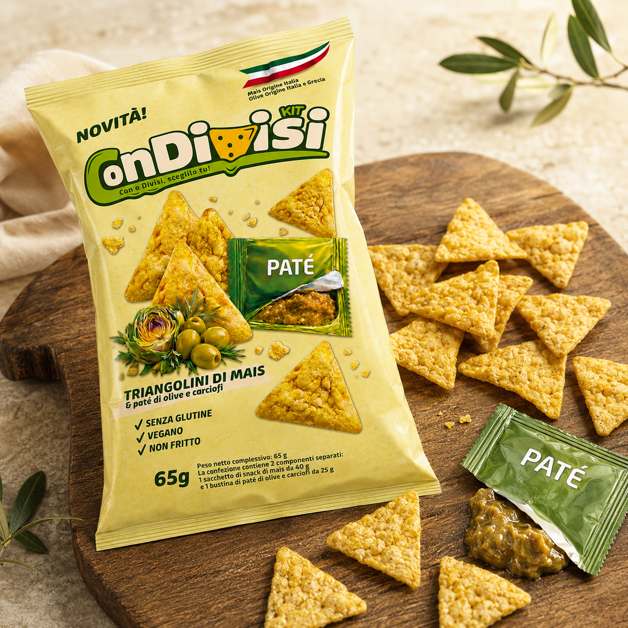 ConDivisi Kit — triangolini di mais e paté di olive e carciofi